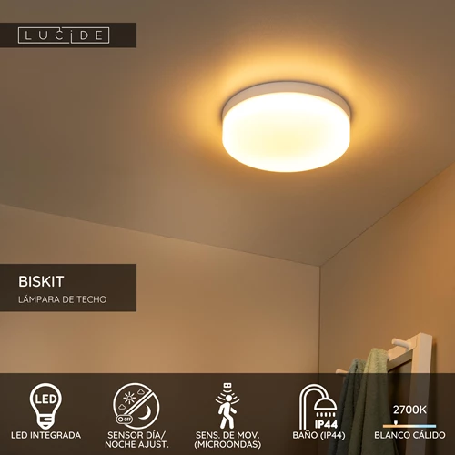 Lucide BISKIT - Lámpara de techo Baño - Ø 28 cm - LED - 1x18W 2700K - IP44 - Sensor movimiento - Blanco - USP